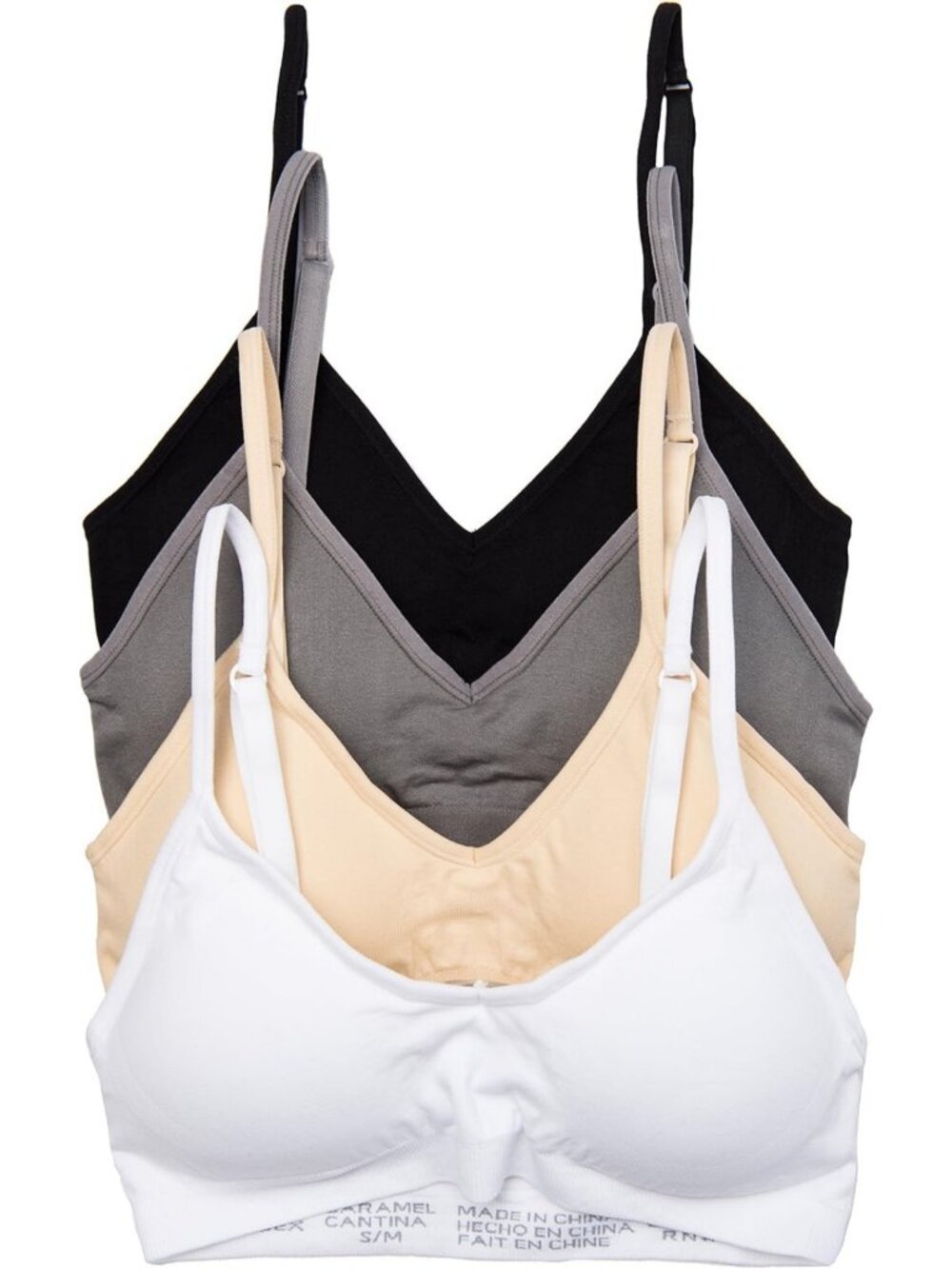 Cozy Caramel V-Neck Padded Bralette Set - Adjustable Straps, 4 Pack, Perfect Fit
